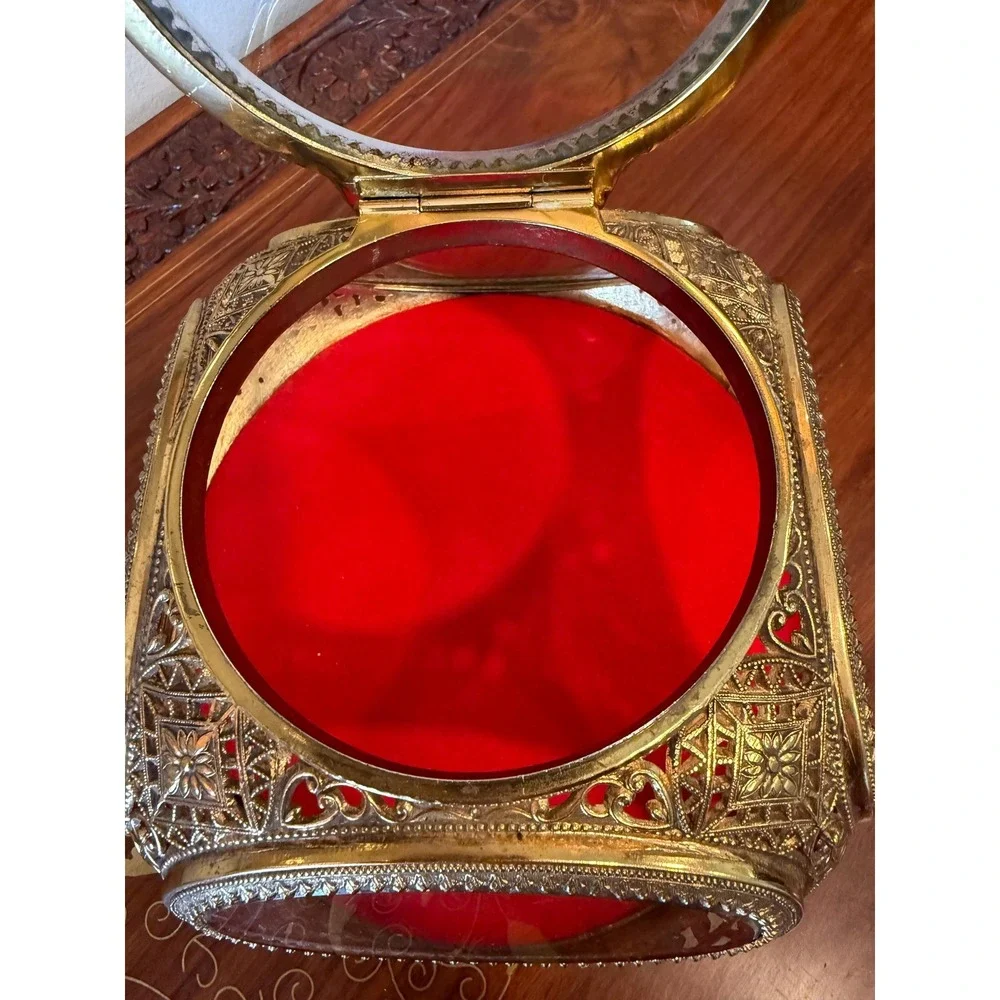 Vintage Ormolu Jewelry Casket Red Velvet Beveled Glass Box - Picture 6 of 17
